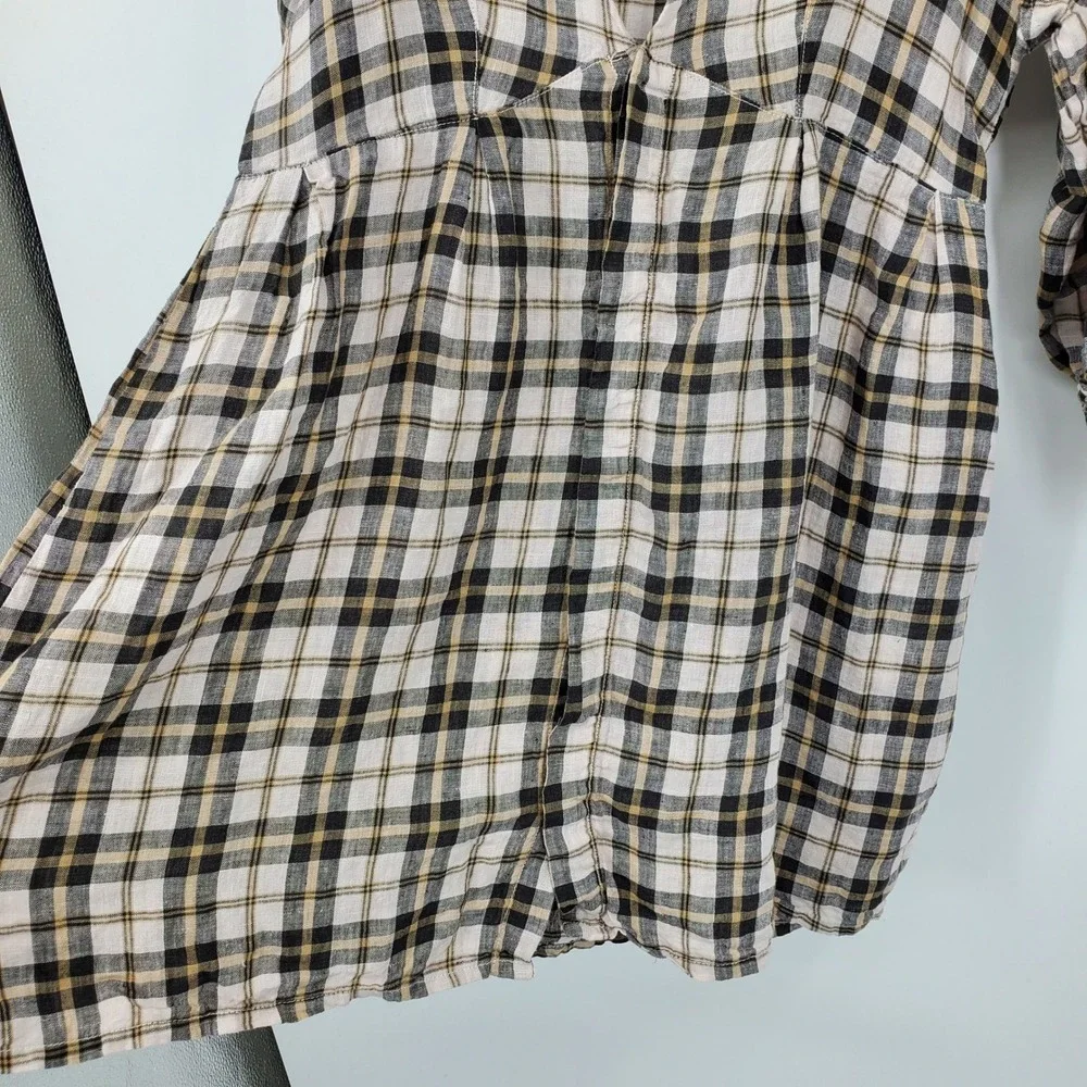 Free People x CP Shades Plaid Linen Mini Dress Tan Black V-Neck Boho Small